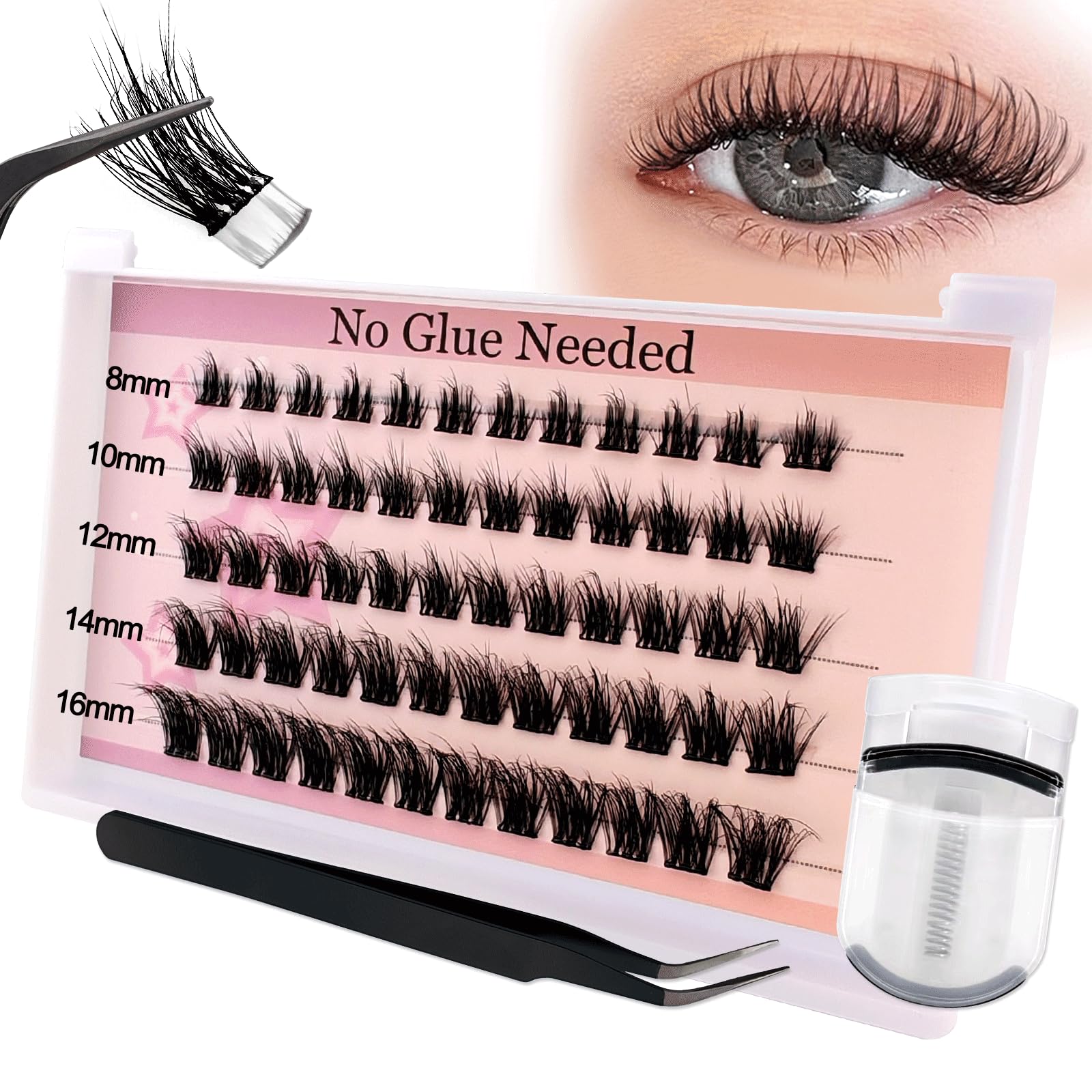 Photo 1 of Self Adhesive Lash Clusters Kit Flu-ffy 8-16mm No Glue Lashes Press On Lashes, 60 Pcs Glueless DIY Eyelash Extensions Kit Pre Bonded Lash Clusters with Eyelash Curler and Lash Tweezers(No Glue 22-1)