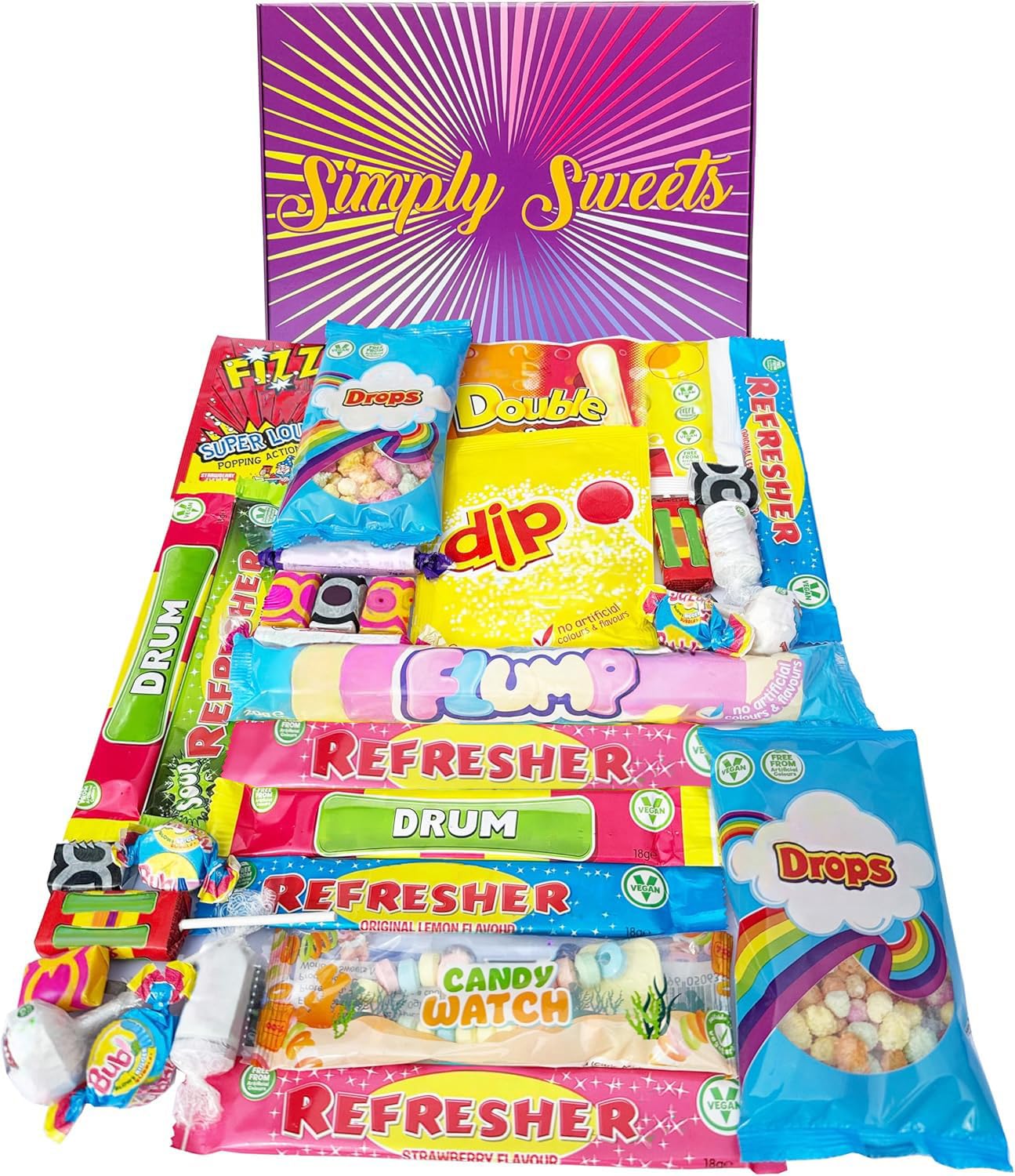 Simply Sweets retro sweet hamper gift box. Packed with the best retro sweet. A perfect present for Birthdays, Get Well Soon, Christmas. Packed in a fun stylish unique box.