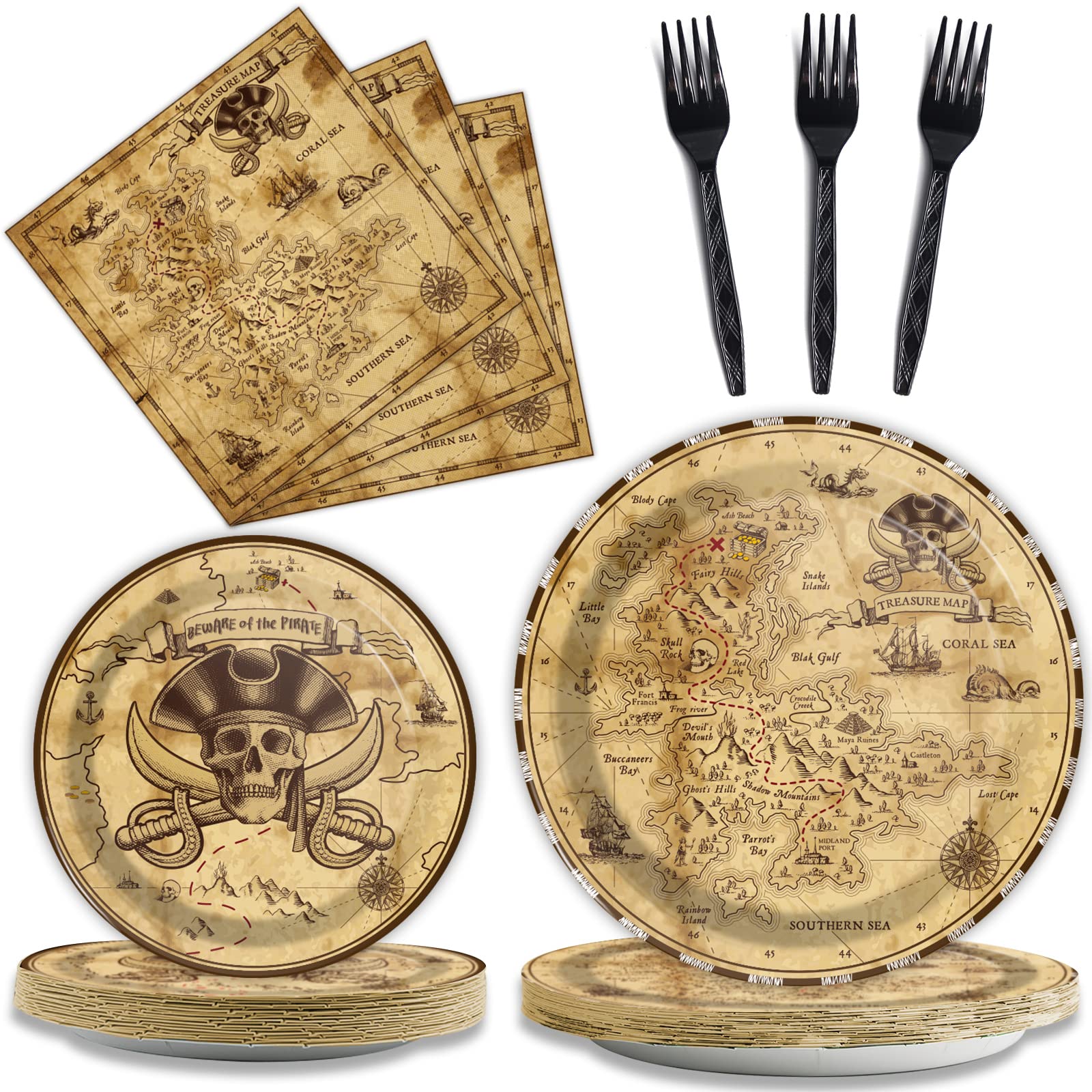Photo 1 of gisgfim 96 Pcs Pirate Party Plates and Napkins Party Supplies Pirate Tableware Set Pirates Decorations Favors for Birthday Baby Shower for 24 Guests