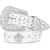 JASGOOD Rhinestone Studded Belt for Men Women, Western Leather Belt for Cowgirl Cowboy Vintage Bling Belt for Pants Dress