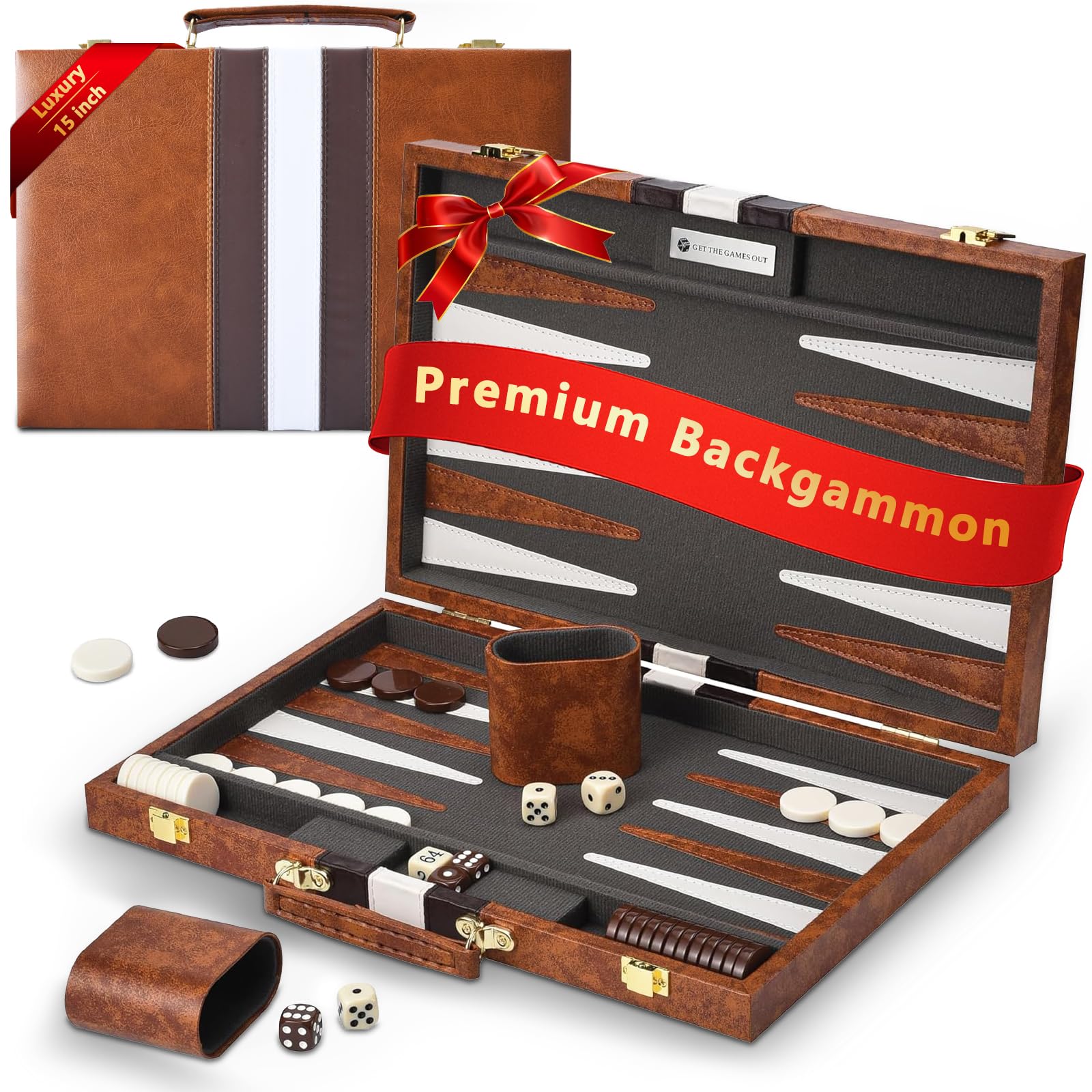 15 Inch Backgammon Set With Premium Leather Case, Portable Board Game With Acrylic Playing Pieces & Wooden Dice Cups, 2-Player Strategy Game For Adults, Brown