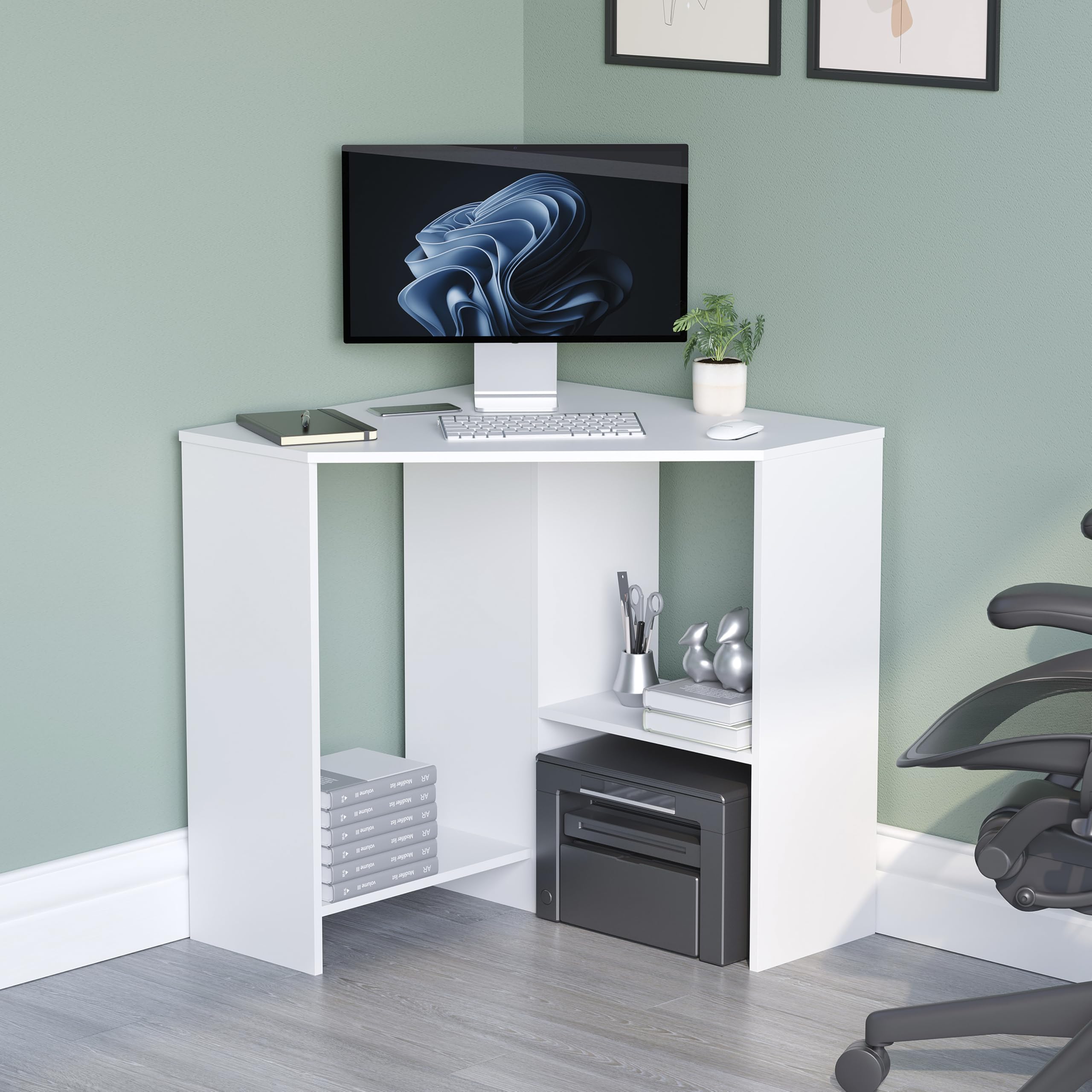 Vida Designs Hetton Corner Computer Desk with Shelves, Home Office PC/Laptop Table, Gaming Study Workstation, Furniture, White
