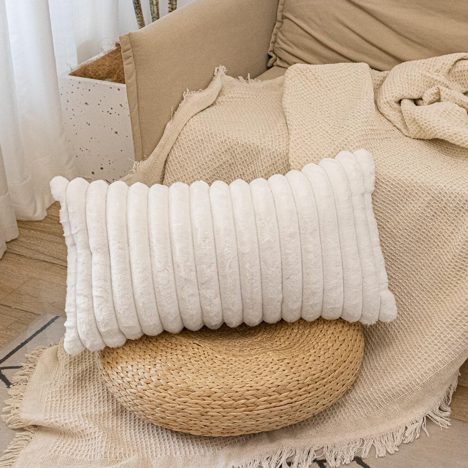 Photo 1 of JoraLion Faux Fur Lumbar Pillow Cover 14 x 26 inch, Cream Double-Sided Throw Pillow Cover Luxurious Soft Couch Cover Case Home Decor for Sofa Bed Living Room, ONLY 1 Cover
