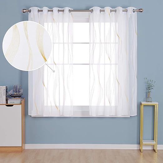 Deconovo Christmas Semi Sheer Curtains Gold Wave Line Foil Printed