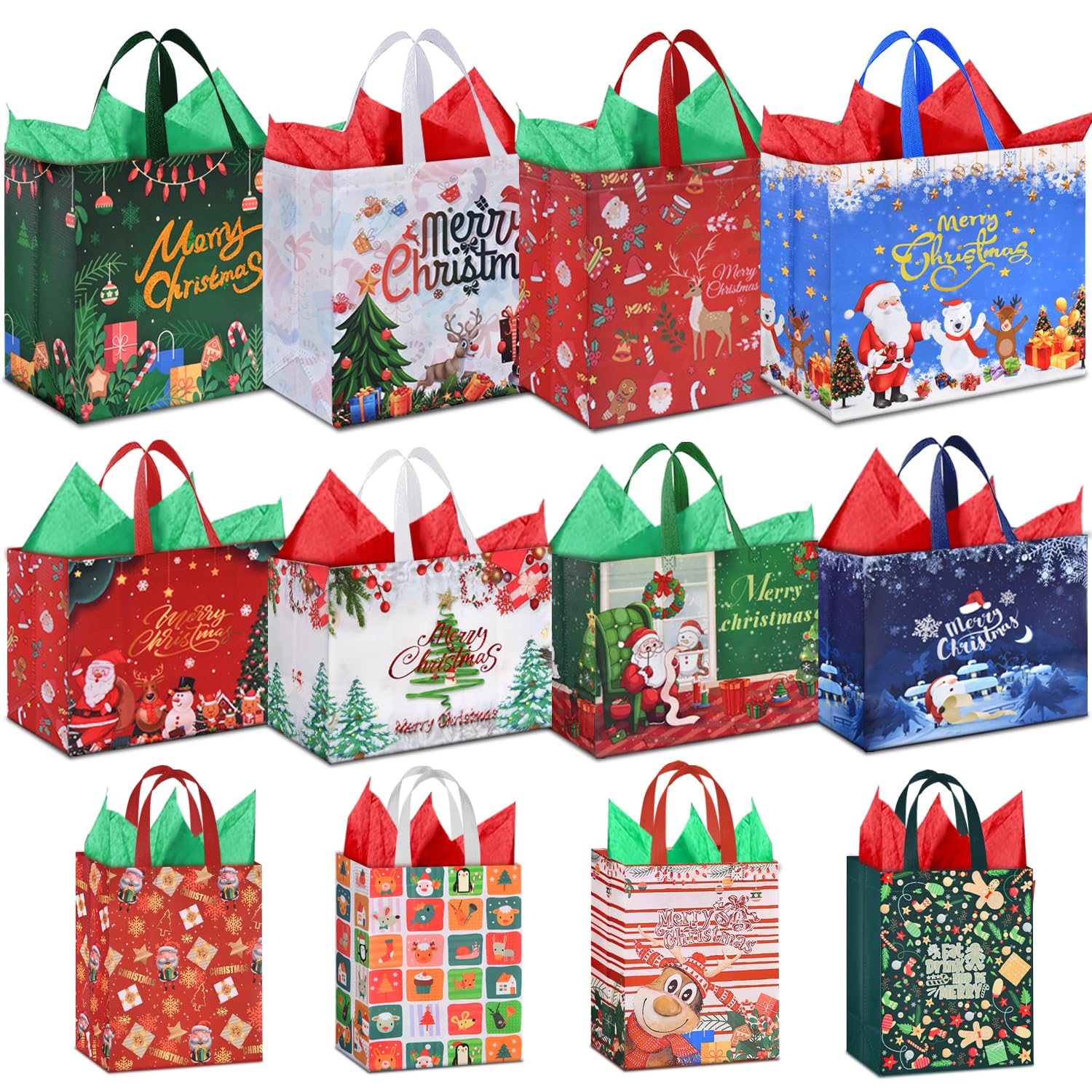 AhfuLife 12Pcs Christmas Bags with Tissue Paper, Reusable Christmas Tote Bags with Handles, Includes 4 Extra Large 15.7", 4 Large 12.4" and 4 Medium 10.2" Non-woven Xmas Bag for Gift Party Decorations