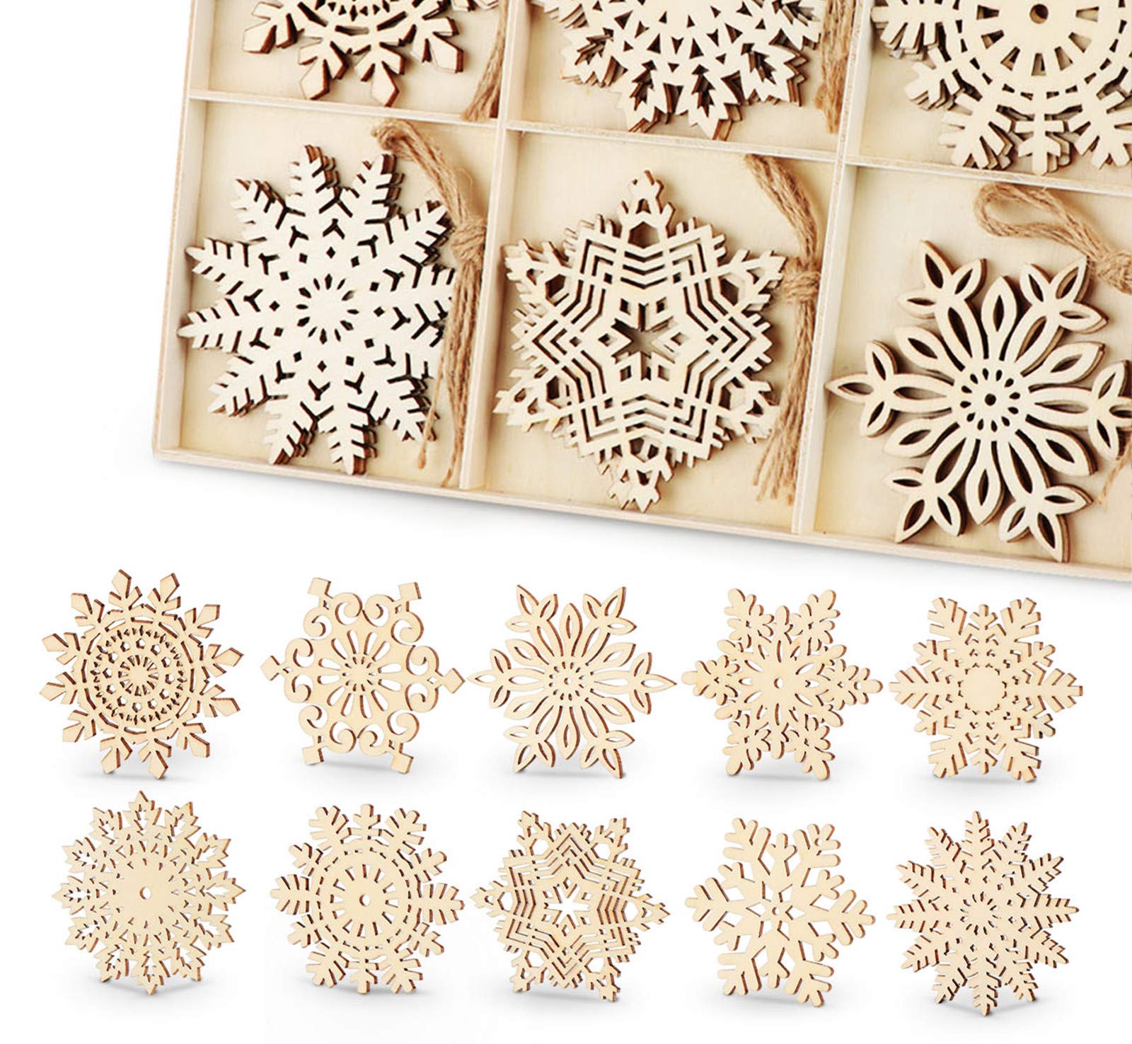 Wooden Snowflakes 30 Pcs Christmas Ornaments Rustic Christmas Tree Hanging Decorations Ornament Craft Gift Embellishments