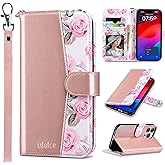 ULAK Compatible with iPhone 15 Pro Max Wallet Case for Women with Card Holder, Design Flower Flip PU Leather Kickstand Shockproof Protective Phone Cover for iPhone 15 Pro Max 6.7'' 2023, Rose Gold