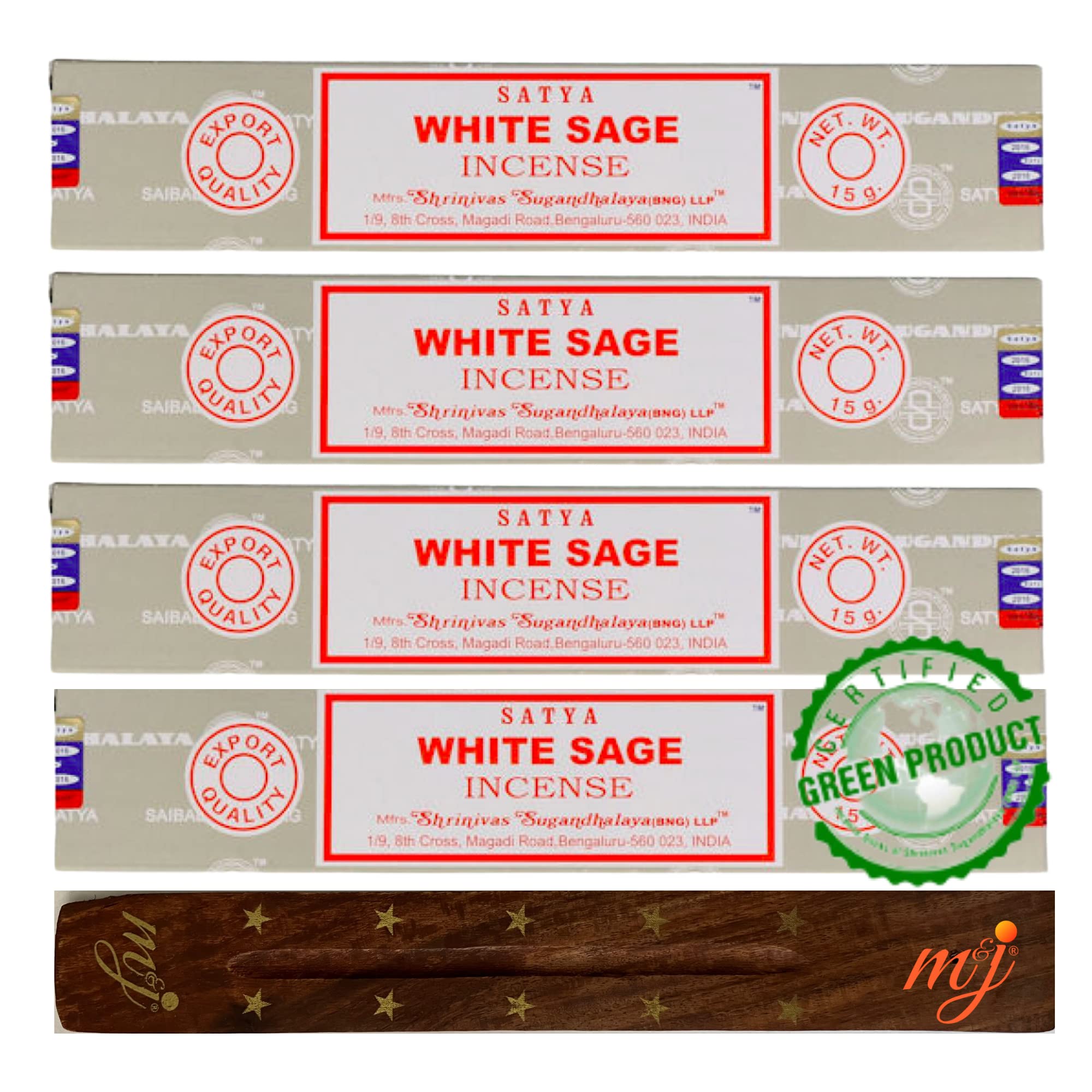 Original Satya Nag Champa White Sage Incense Sticks | with M&J incense sticks holder | x4 pack | for Aromatherapy, Spa, Yoga, Weddings, Meditation, Healing, Positivity and Relaxation — image 1