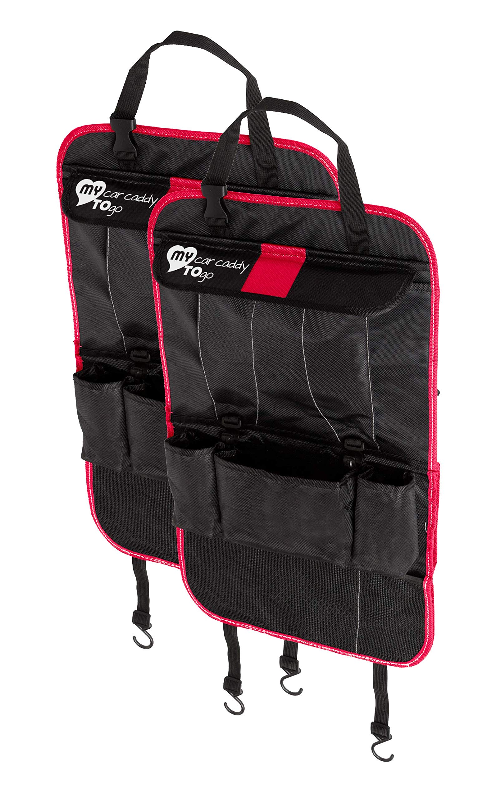 Protector asiento coche | organizador multi-bolsillos | MYCARCADDY TO GO | kick mat para ninos | evita arañazos y daños en el respaldo del asiento | con bolsillo para I-PAD tablet | NEGRO/ROJO