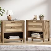 Eclatara Rattan Nightstands Set of 2 with 2 Drawers and Storage Shelf | Rattan Boho Farmhouse Bedside Table Accent Night Stands for Bedroom Large Space Sofa (2, Reclaimed Caramel Oak)