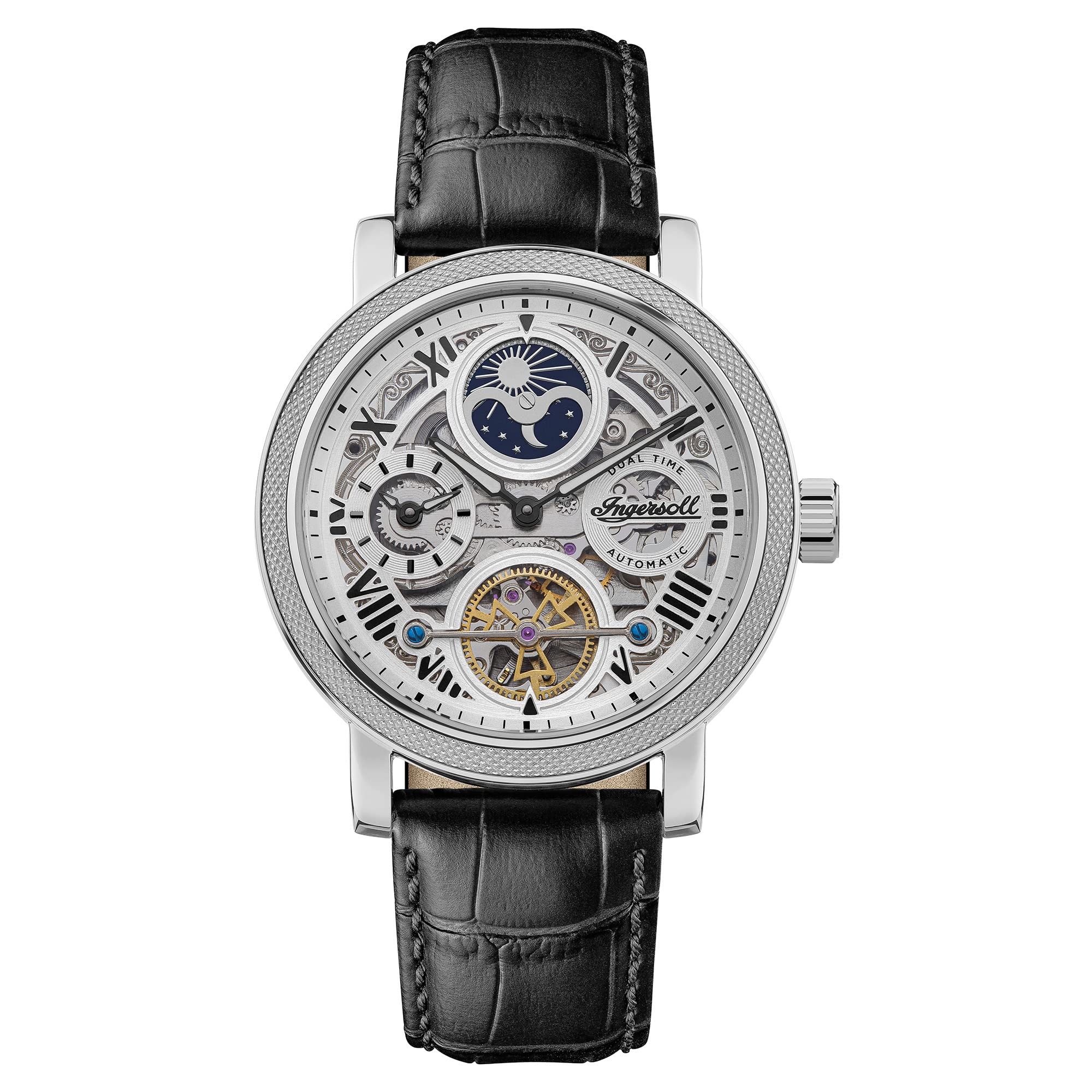 Ingersoll The Row Mens 45mm Automatic Moonphase Watch with Silver Skeleton Dial and Black Leather Strap I12401