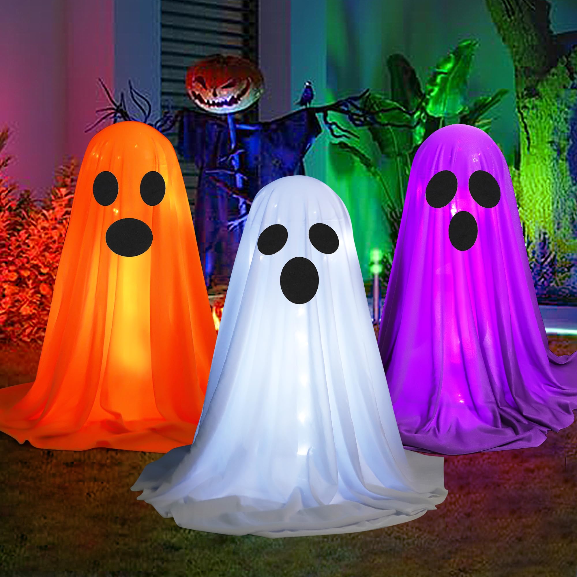 Photo 1 of [Timer] Halloween Decoration Outdoor, 3 PCS 16.92 inch DIY Light Up Ghost Kit Crafts, Spooky LED Halloween Ghost Decor for Front Porch Yard Garden Home Table Indoor Party[Orange,Purple and Black]