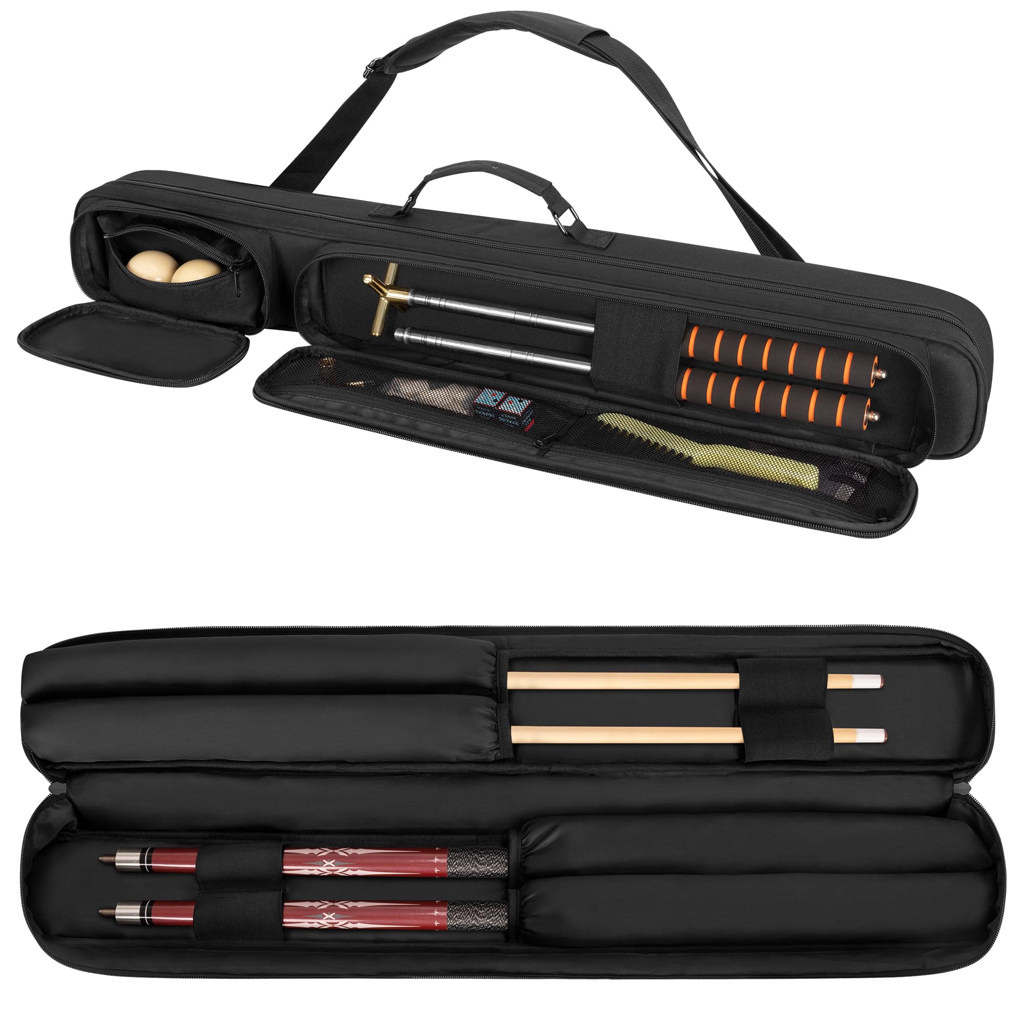 Rexmica 2x2 Pool Cue Case Holds 2 Butts and 2 Shafts, Billiard Pool Cue Stick Carrying Case Bag with Handle and Detachable Shoulder Strap, Billiard Snooker Cue case Bag with Front Accessory Pocket