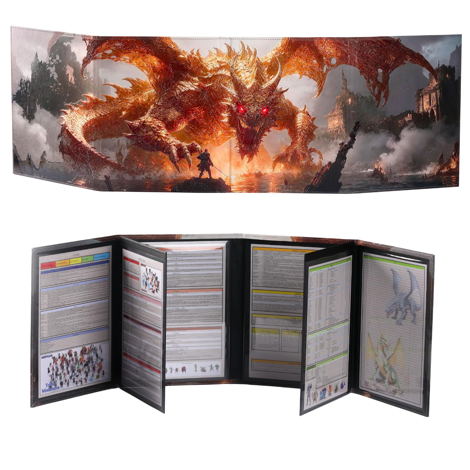 DND DM Screen Oil Painting Relief Effect Waterproof Fabric 8 Panels w/ 2 Swinging Wet Erase Pockets and Cheat Sheet Dungeon Master Accessories Dungeons and Dragons 5e GM Screen D&D Gift Dungeon Master