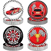 Greencian 60Pcs Red Race Car Plates Hot Car Party Paper Plates Racing Themed Checked Flag Disposable Tableware for Boys Transportation Birthday Party Decorations Serve 24