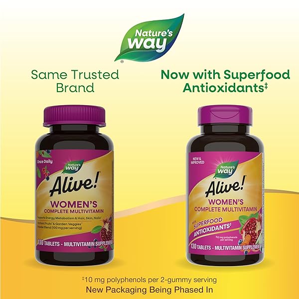NATURE’S WAY ALIVE! DAILY COMPLETE MULTIVITAMIN FOR WOMEN, SUPPORTS ENERGY METABOLISM, HAIR, SKIN & NAILS*, B-VITAMINS, SUPERFOOD ANTIOXIDANTS, 130 TABLETS (PACKAGING MAY VARY)