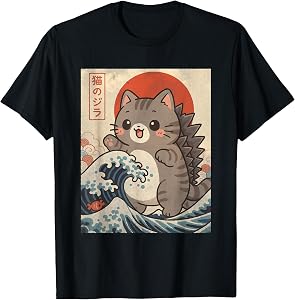 Kaiju Kitty Giant Monster Wave Cute Cozy Cat Graphic Parody T-Shirt