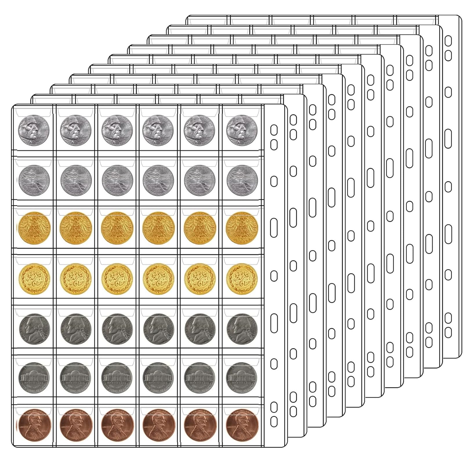 Ettonsun 10 Sheets 42-Pocket Coin Collecting Pages Coin Sleeves, Binder Inserts Coin Pocket Pages Collecting Sleeves for Most Coin Collection Holder Book Album