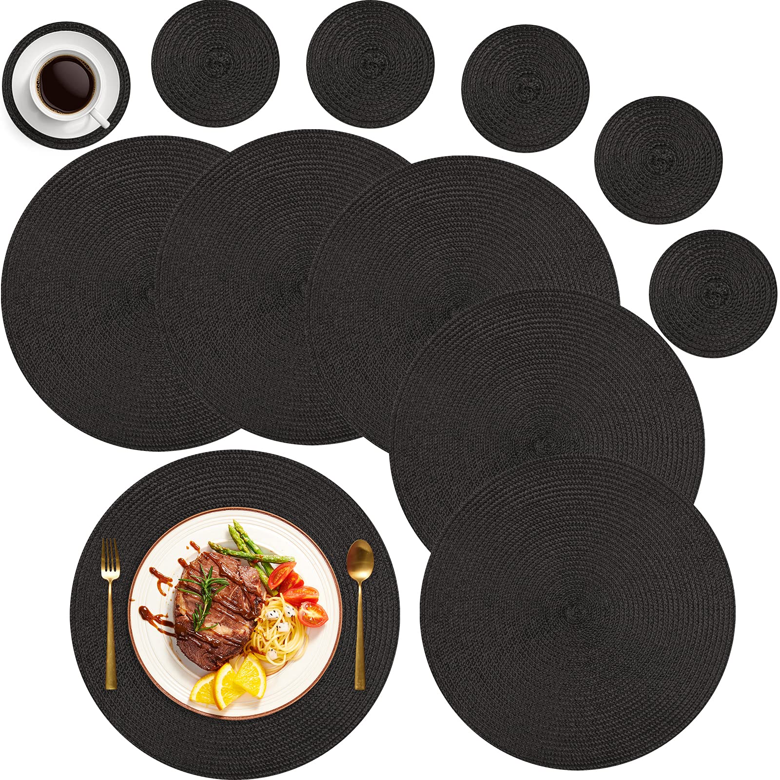 MI CASA Round Placemats and Coasters Set of 6, Round Braided Woven Place Mats Washable Heat Resistant Table Mats for Kitchen Dining Table Home Restaurant, Black