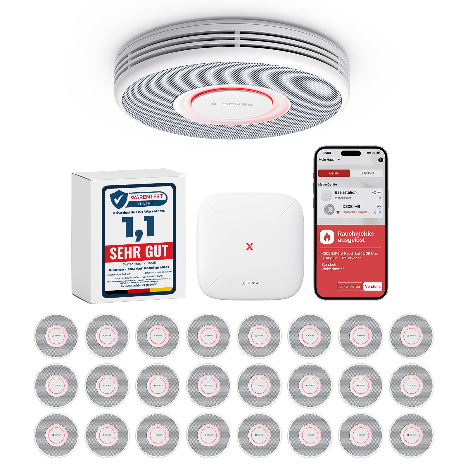 X-Sense Smarter Rauchmelder WLAN mit Sprachausgabe und 17 Standorten, Feuermelder, Rauchmelder vernetzt, 33 mm, Brandmelder mit SBS50 Basisstation, XS0B-MR241, 24 Stück
