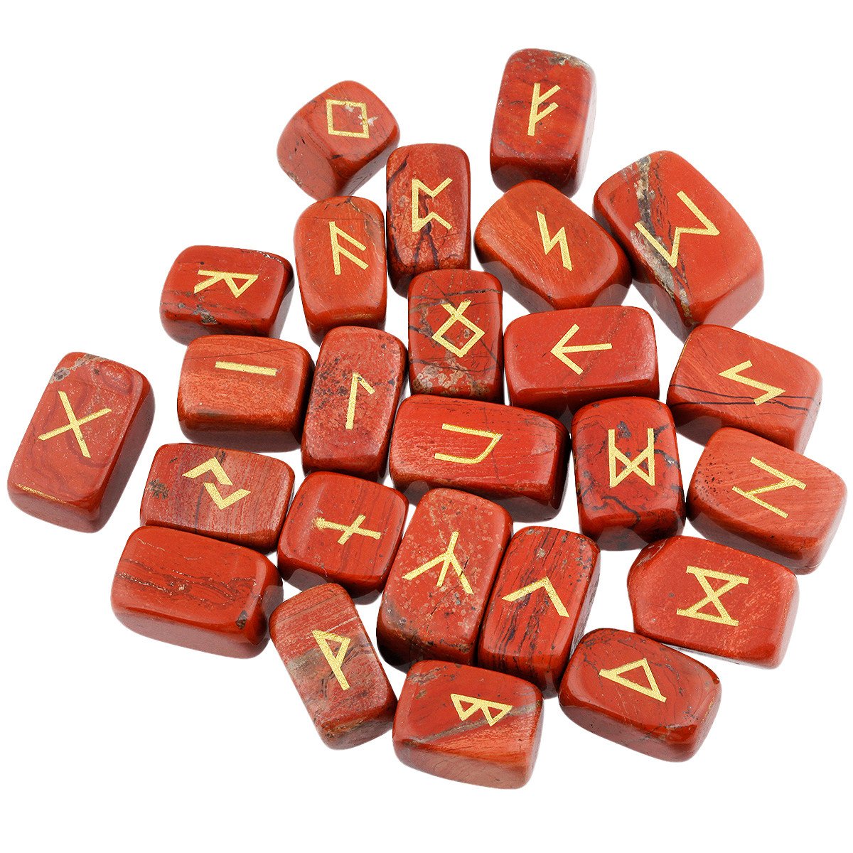 mookaitedecor Natural Red Jasper Runes Stones Set of 25, Viking Norse Runes with Elder Futhark Alphabet Symbol for Divination Reiki Healing Crystal Witchcraft Pagan Supplies Spiritual Gift Room Decor