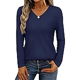 YUCOLEN Womens Long Sleeve Shirts V Neck Cotton T-Shirt Tops Solid Color Casual Breathable Basic Tee Tshirt