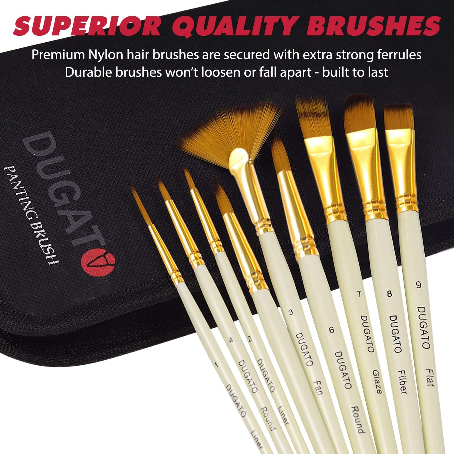 DUGATO Artist Paint Brush Set 15pcs Includes Pop-up Carrying Case with Painting Knife and 2 Sponges for Acrylic, Oil, Watercolor, Art, Scale Model, Face, Paint by Numbers