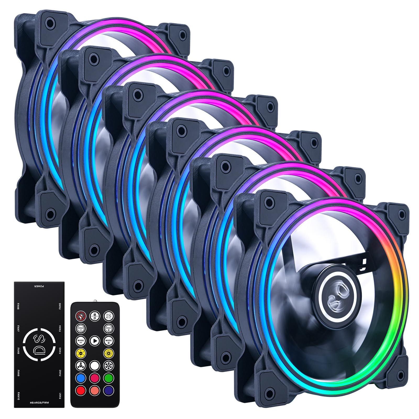 DS Wire Lighting Case Cooling Fan for Black PC Cases, 120MM LED Fans with 8th GEN Controller for Black Computer Case, CPU Coolers, Radiators System (6 Pack RGB Fans Kit, D Series)