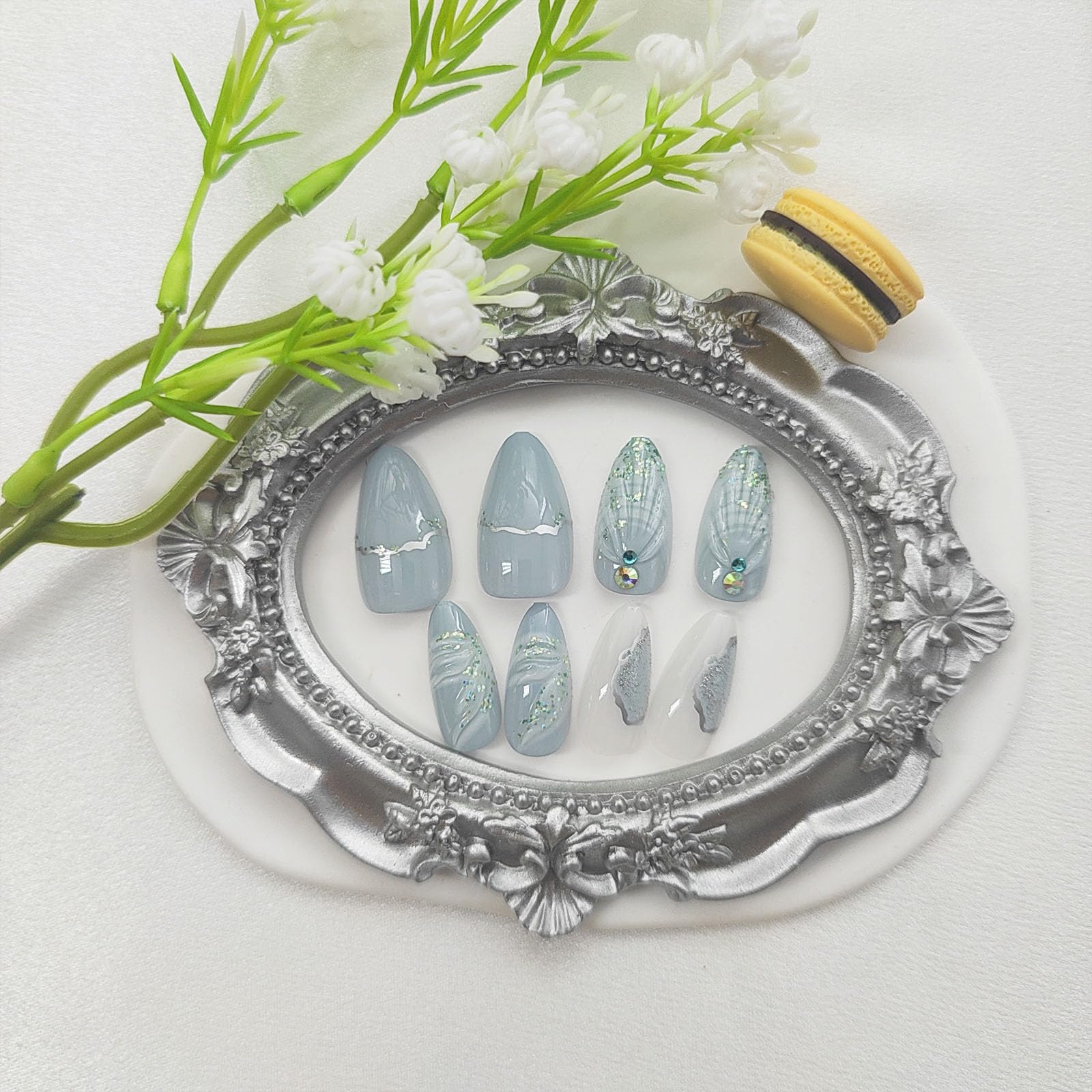 Almond Press on Nails Medium Fake Nails with 3D Seashell & Rhinestone Charms Designs Glossy Glue on Nails Summer Acrylic Nails Glitter Sequins False Nails Light Blue Stick on Nails for Women 24Pcs - Image 3