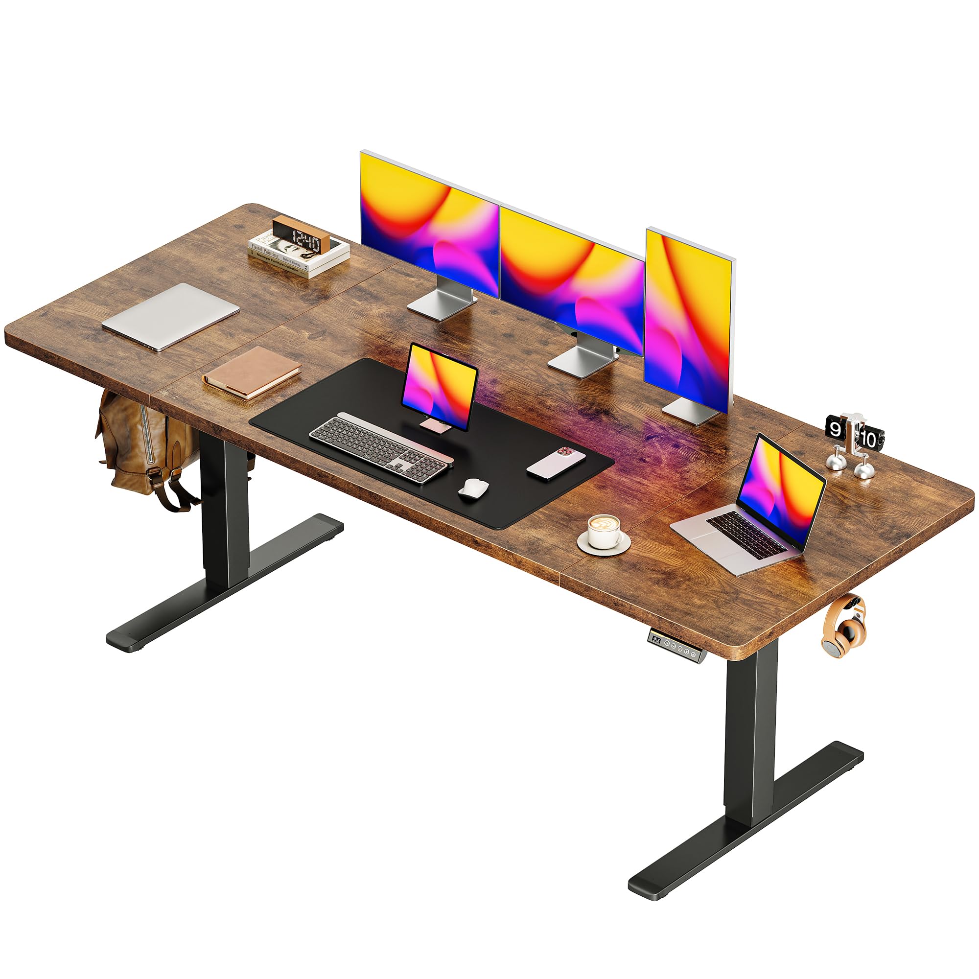 Photo 1 of ***Missing all the hardware, instructions
**Huuger 71 x 30 Large Electric Standing Desk, Height Adjustable Computer Desk, 29.5" Deep Desktop, Stand up Gaming Office Table with 2 Hooks, 3 Preset Heights, for Home Office, Rustic Brown