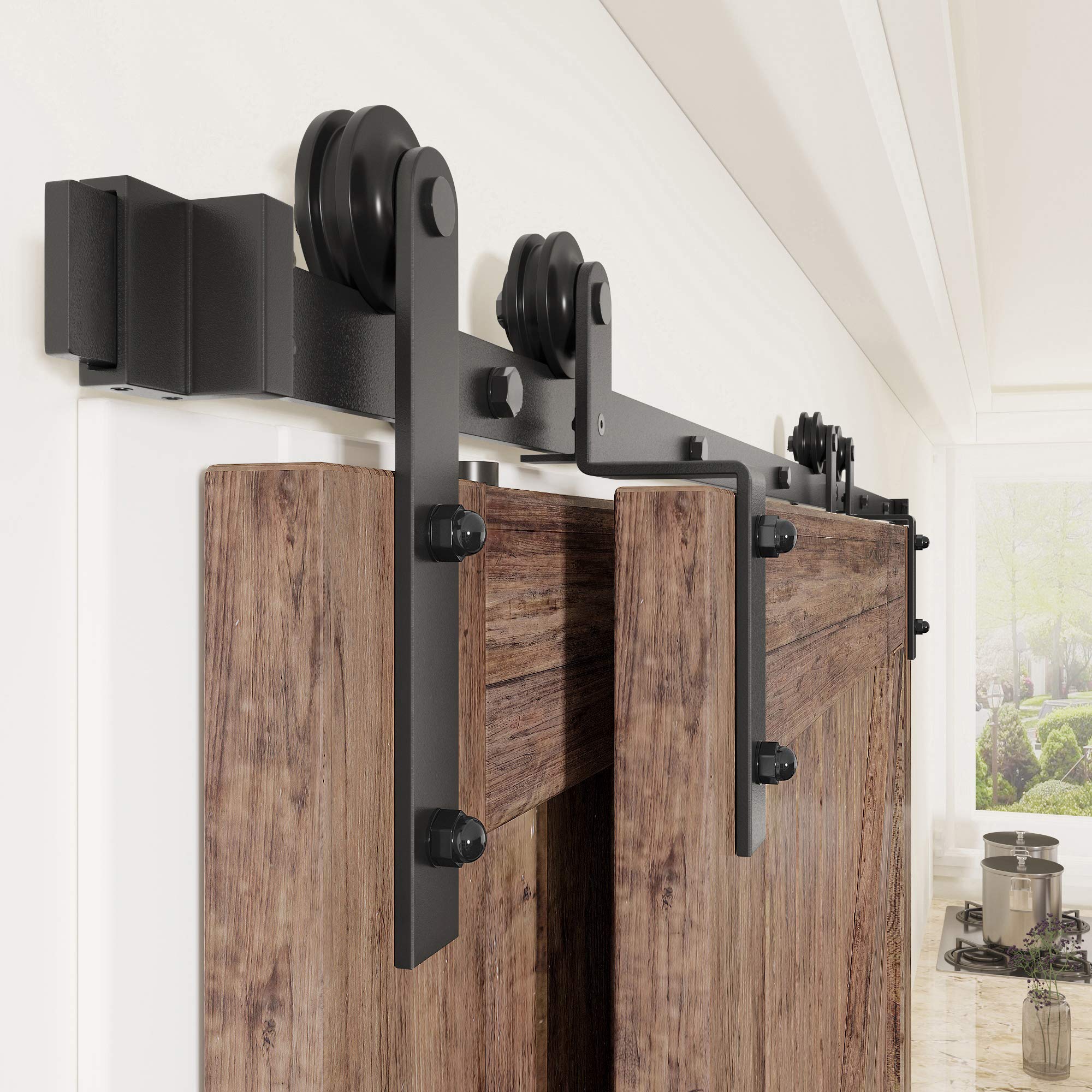 WINSOON 4-18FT Single Track Bypass Sliding Barn Door Hardware Kit For Double Doors I Style