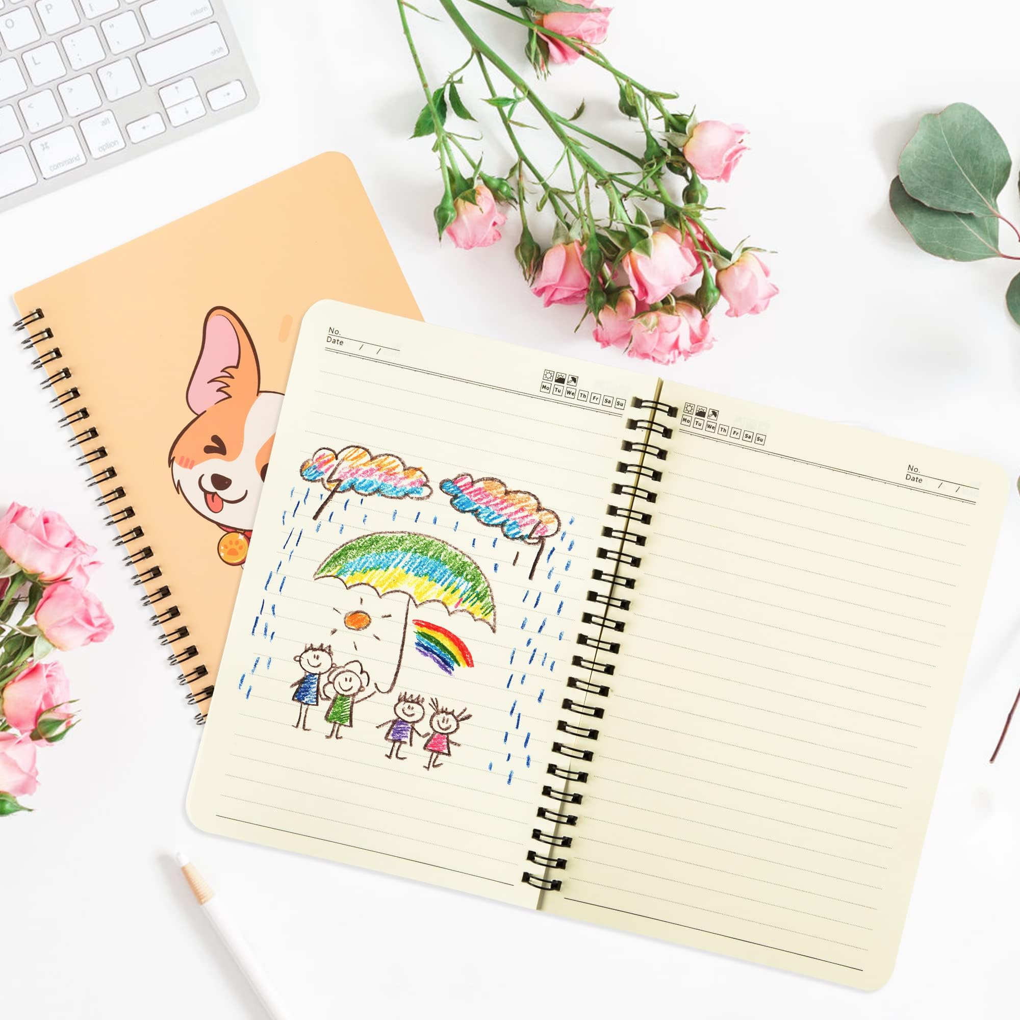 L1rabe 2 A5 Corgi Spiral Notebooks Back to School Cute Funny Dog Ruled Notepads First Day of School Yellow Dog Exercise Book Hardcover Spiral Travel Drawing Journal Diary for Kids Teen (Playing Corgi)