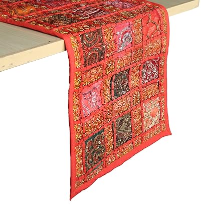 RAJRANG Red Patchwork Table Runner Vintage Style Decorative Coffee Table Placemat 12 X 72 Inches Hand Embroidered Colorful Cotton Hippie Decor Runner