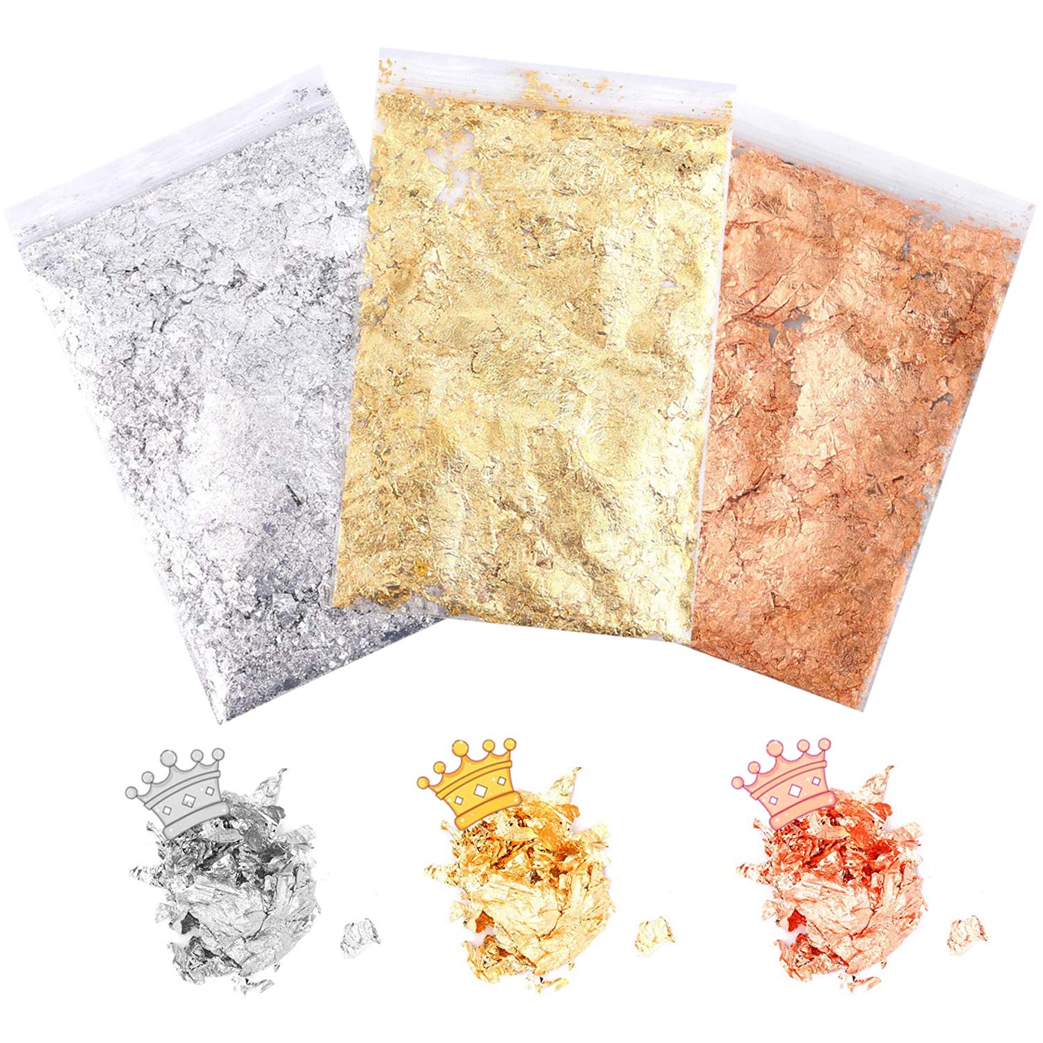 3 Packs Gold Leaf Gilding Flakes, XCOZU Gold Foil Copper Leaf Silver Leaf Metallic Foil Flakes, Imitation Gold Leaf Kit for Resin Nail Painting Art Craft Jewelry Making Decoration (3g/Bags)