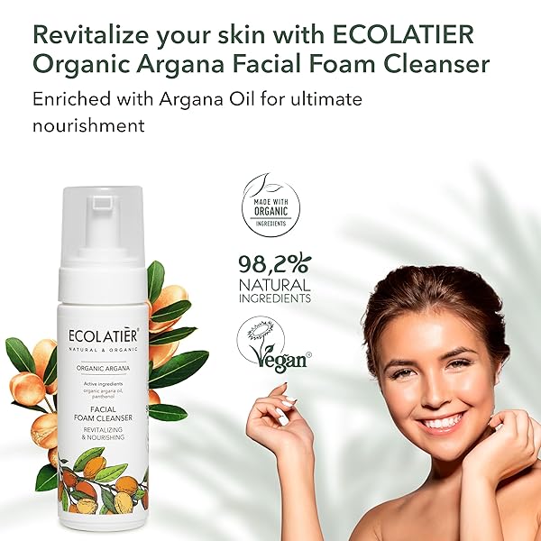 FOAMING FACIAL CLEANSER WITH ORGANIC ARGAN OIL – 98.6% NATURAL, VEGAN, REVITALIZING & NOURISHING ORGANIC ARGANA, ANTI-AGING, REMOVES IMPURITIES, 5.1 FL OZ – ECOLATIER