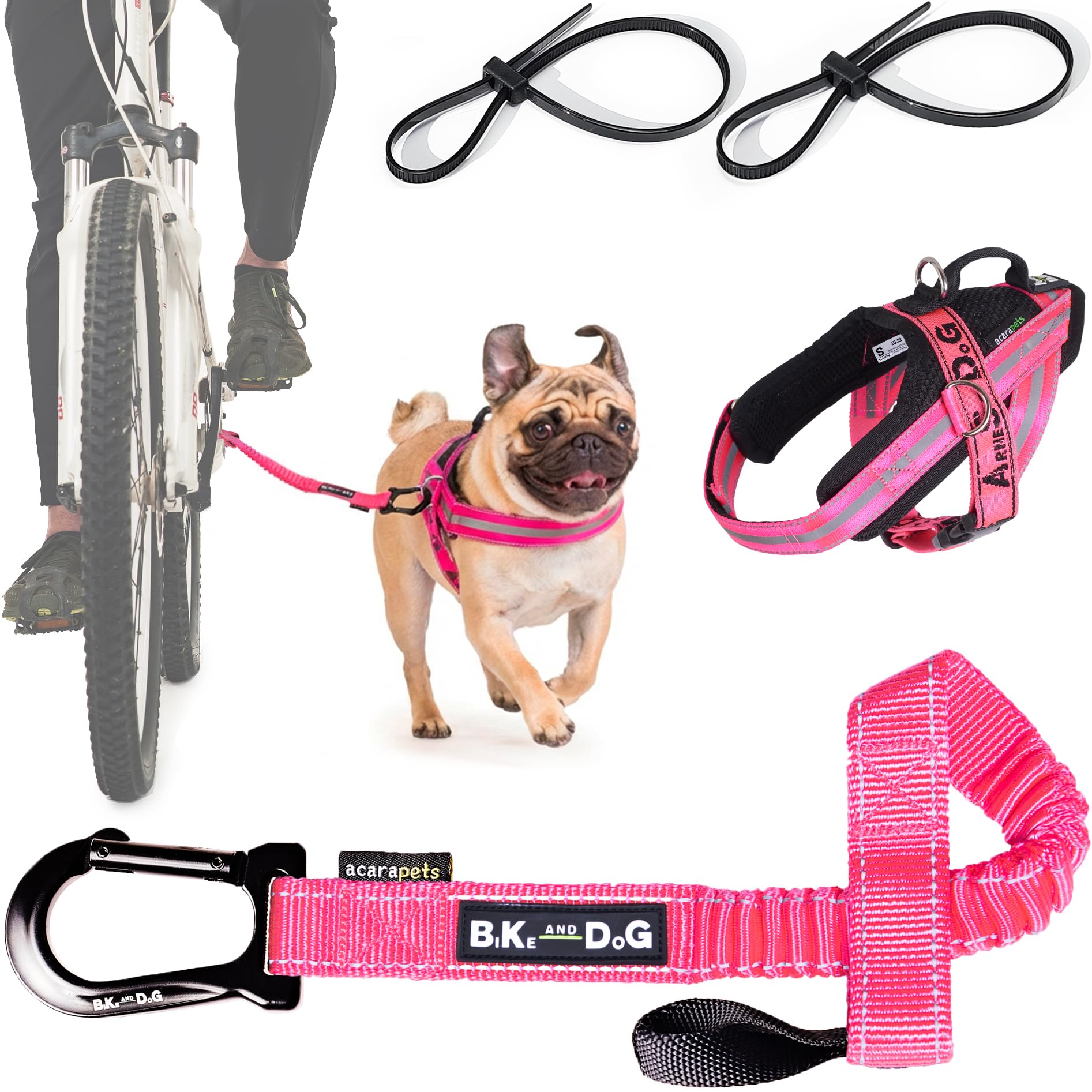 BIKE AND DOG - Dog leash and dog harness for bicycle, harness with side rings, includes 2 bicycle straps. Patented. (Pink, Leash-harness S)