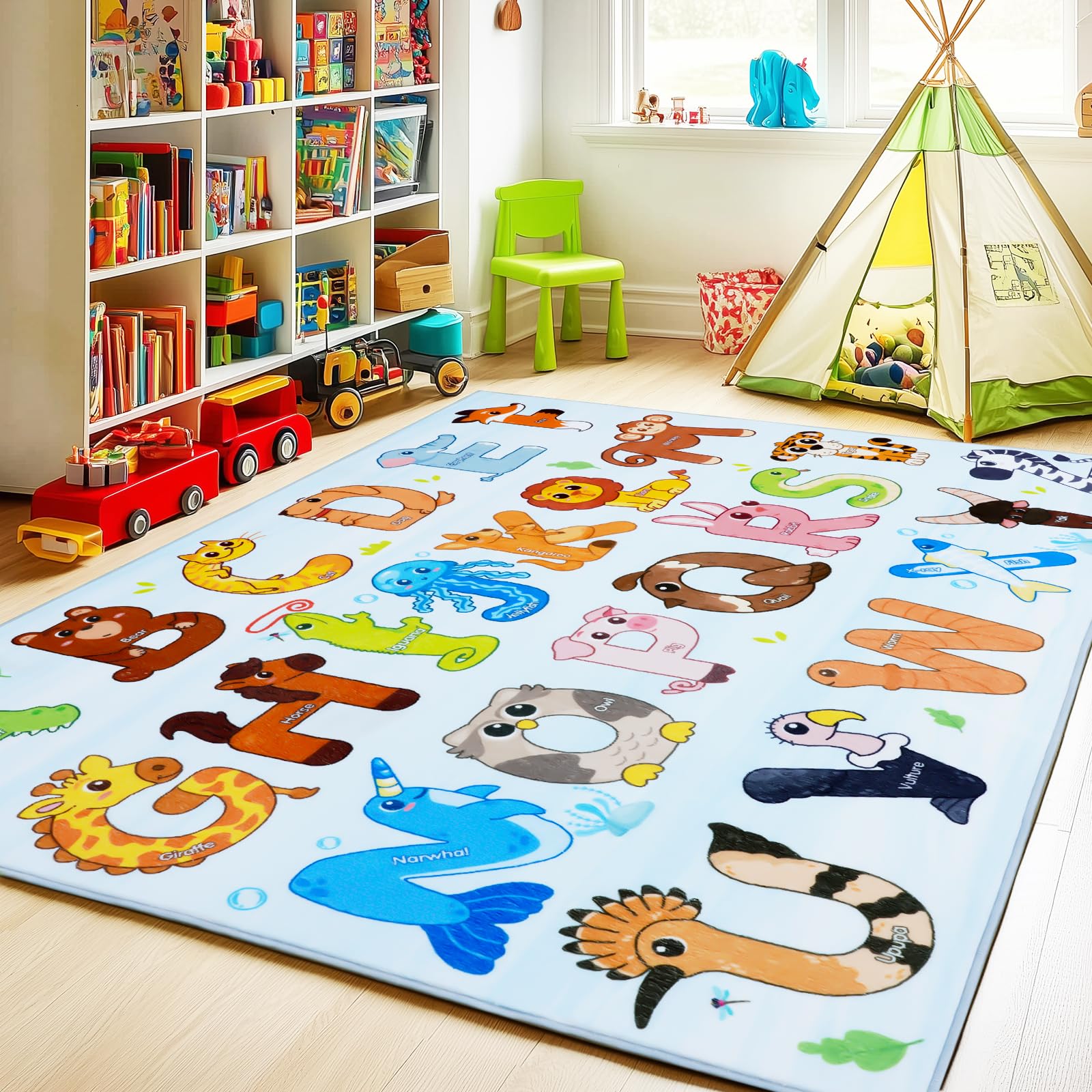 Photo 1 of Bolacrom Kids Rugs for Playroom, 5x7 Feet Educational Rug for Learn The ABC Alphabet, Soft Machine Washable Non-Slip Cute Animal Carpet for Classroom Toddler Nursery Kids Room Decor Mat, Blue