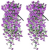 Lushiquea Artificial Hanging Flowers for Outdoors Decorations 2 Pack, Fake Hanging Flowers, UV Resistant Artificial Hanging Plants Outdoors for Home Porch Patio Balcony Baskets Yard(Purple)