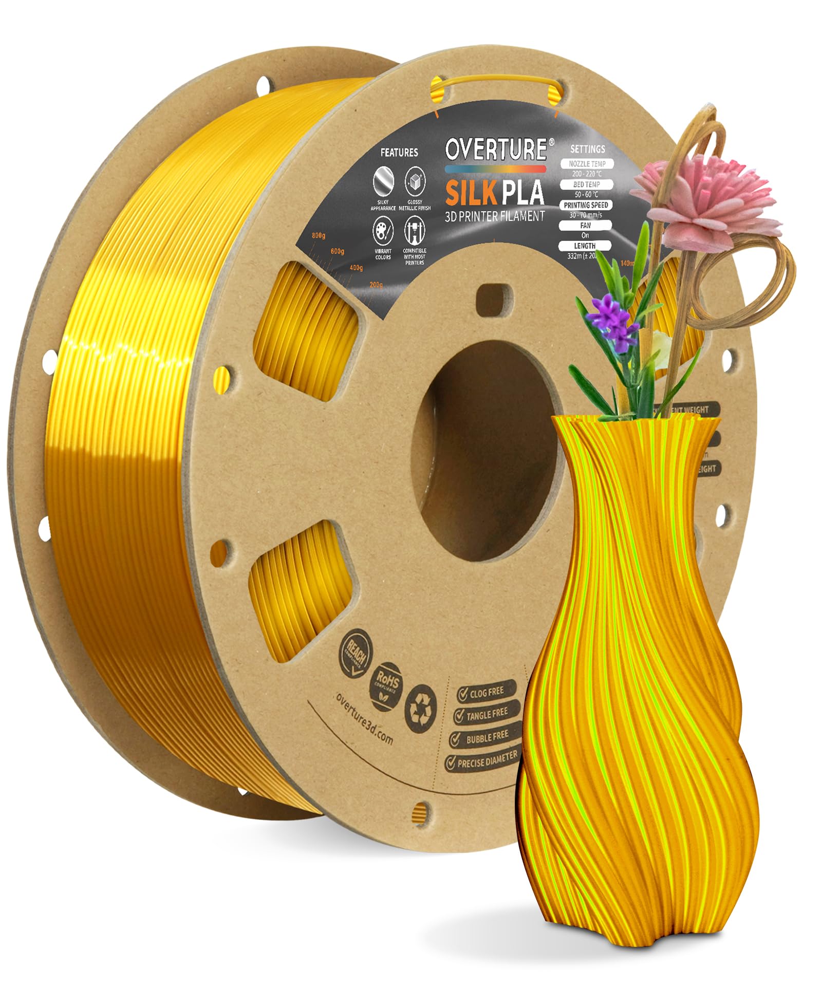 OVERTURE Silk Filament PLA 1.75mm Clog-Free Shiny 3D Printer Consumables, 1kg Spool (2.2lbs), Dimensional Accuracy +/- 0.02 mm, Fit Most FDM Printer (Silk Gold)