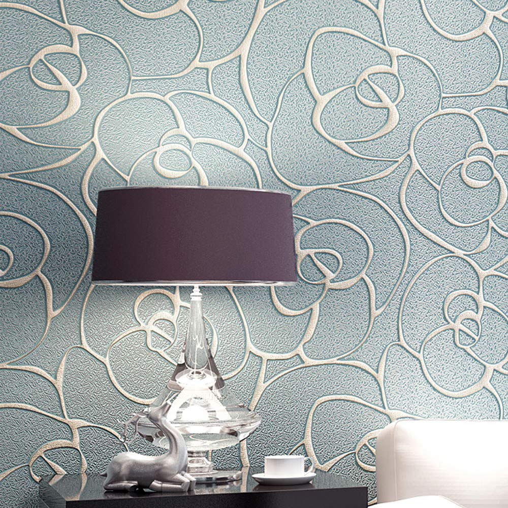 YangYunHome Decoration Modern Minimalist Rose Flower Non-Woven 3D Deep Embossed Textured Living Room Bedroom Non-Pasted Wallpaper Roll Light Blue 0.53m (1.73' W) x 10m(32.8'L)=5.3m2 (57 sq.ft)