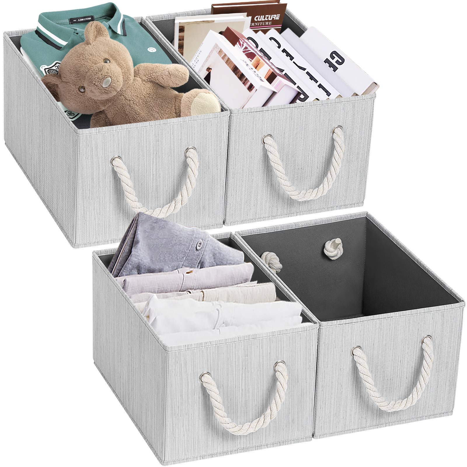 TomCare Storage Cubes Foldable Decorative Baskets 4-Pack Fabric Storage Bins Storage Box with Rope Handles Cube Organizer Bins Storage Containers for Living Room Bedroom Office (Grey)