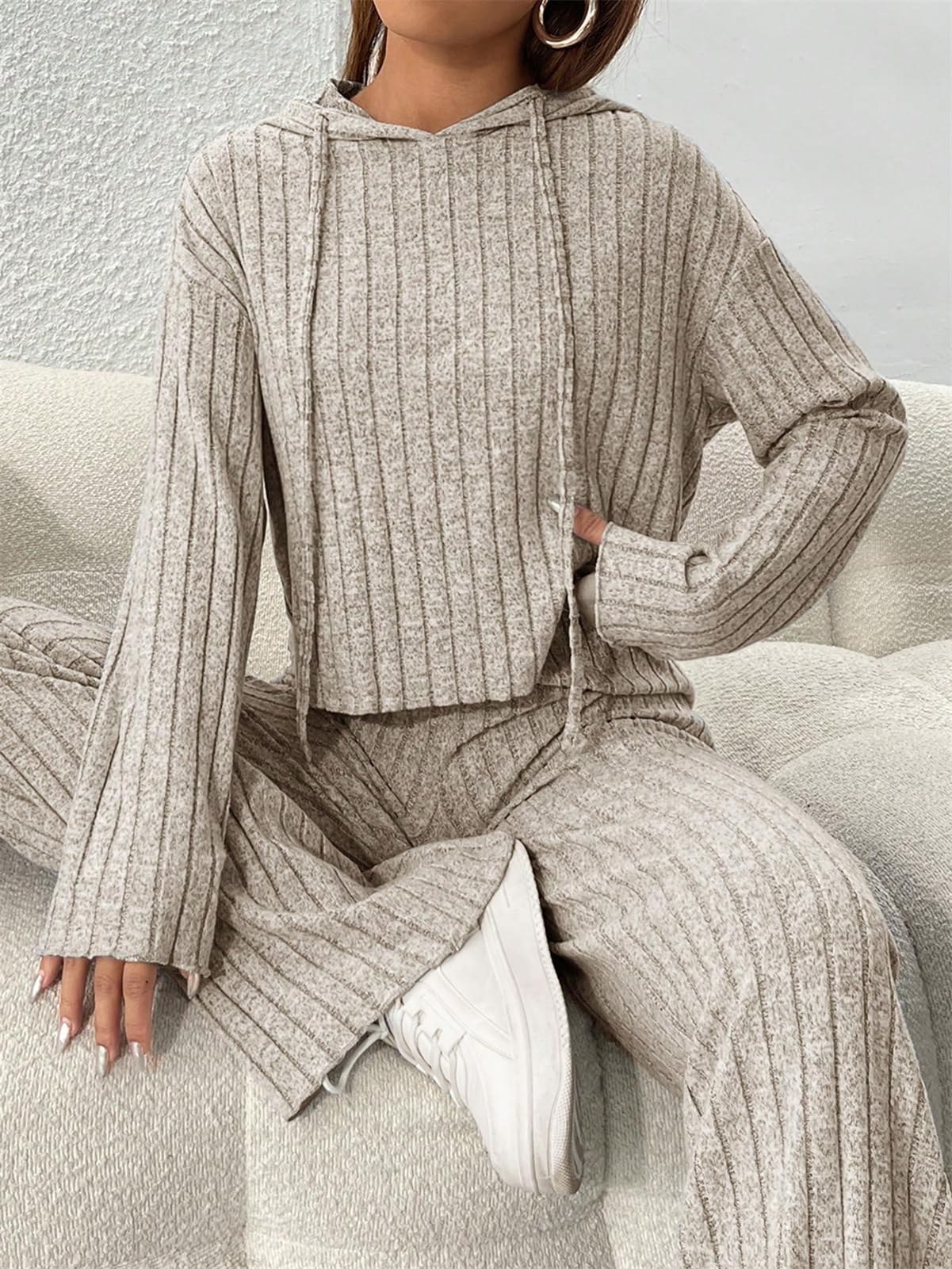 SotRong Ribbed Lounge Wear Sets for Women Uk Two Piece Leisure Outfit Matching Sets for Women Clothes Hooded T Shirts Elastic Waist Trousers Apricot L