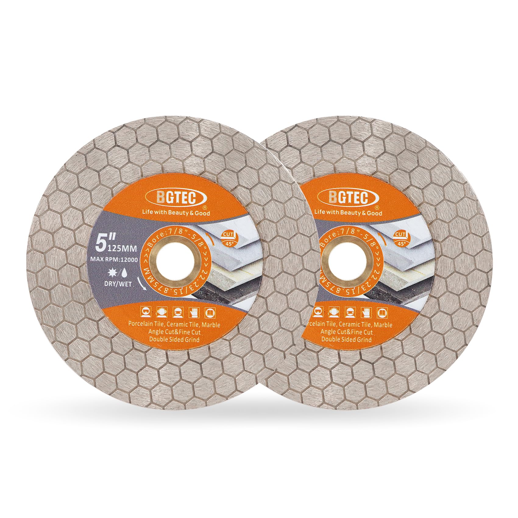 BGTEC Diamond Saw Blades, 5"/125mm Cut-off Wheel for Ceramic Tile, Porcelain Tile, Marble, Artificial Stone, Hexagon Double-sided，2pcs
