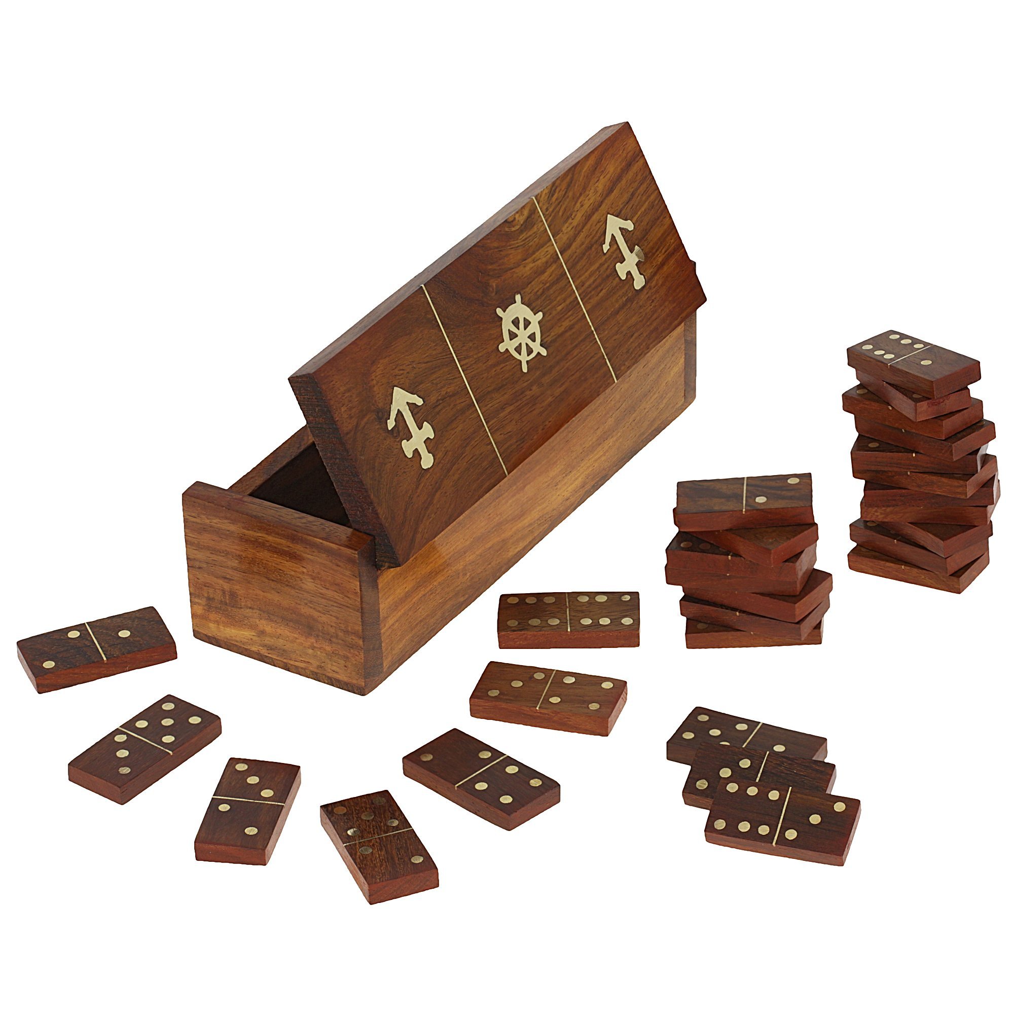 Ajuny Wooden Domino Game Set with Boat Wheel Anchor Design Classic Storage Box Numbers Table Handcrafted Dominoes Game for Kids Adults Family Outdoor Indoor Games 7.75x2 Inch
