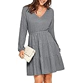 Glamaker Women's Long Sleeve Mini Sweater Dress 2024 Fall Ribbed Knit Dress Casual V Neck Ruffle Flowy Tiered Dresses