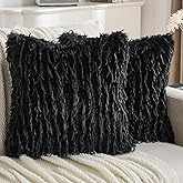 FUTEI Black Decorative Throw Pillow Covers 24x24 Inch Set of 2,Soft Fluffy Faux Feather Texture European Cushion Cases,Modern Home Luxury Decor for Couch Bed Living Room