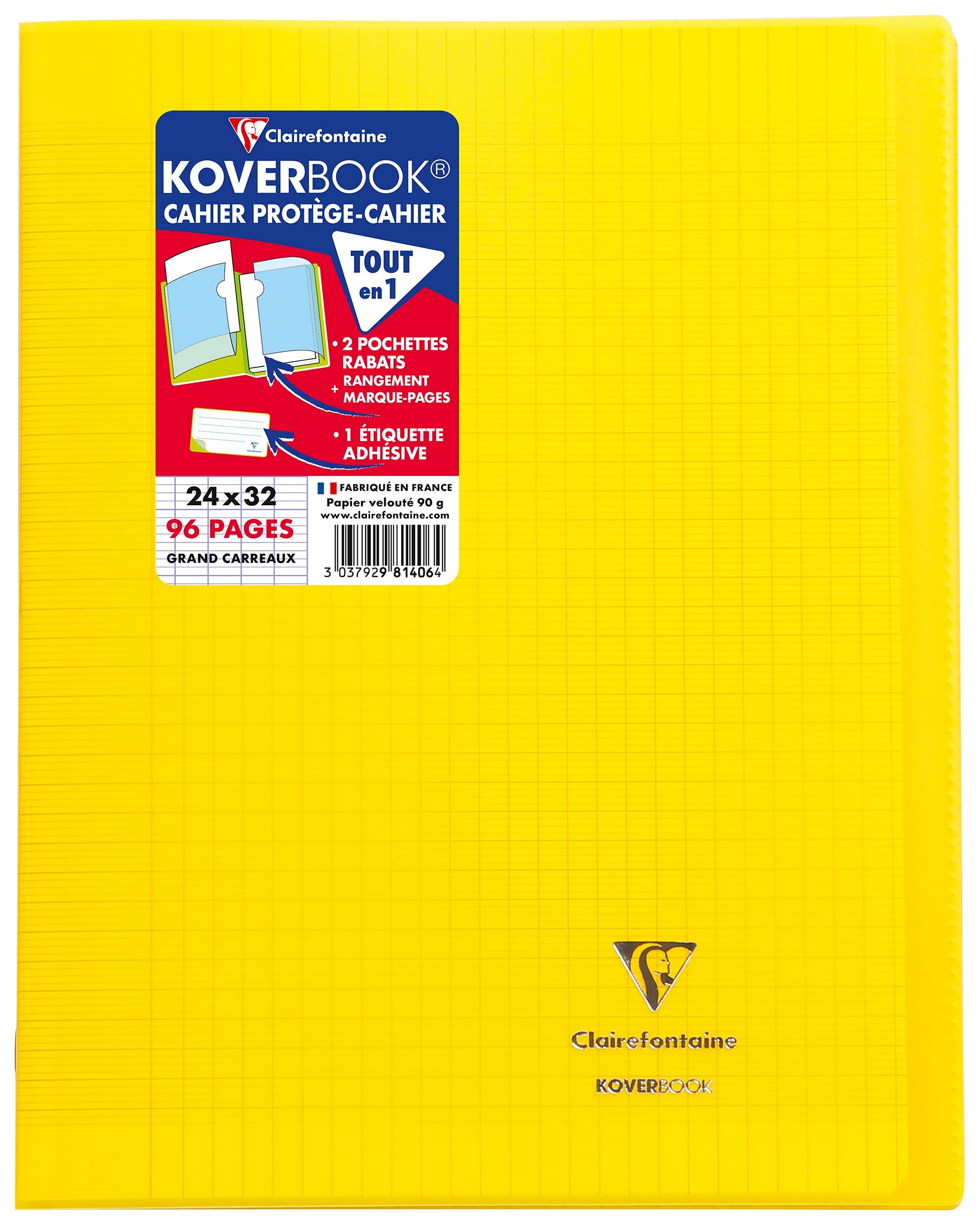 Clairefontaine 981406C - One Yellow Koverbook Stapled Notebook - Dimensions: 24x32 cm - 96 Seyes Ruled Pages - White Vellum Paper 90 g - Polypro Cover