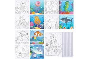 MEANPLAN Meanpla 12 Pcs Back to School Pre Drawn Outline Canvas 4'' x 4'' Pre Drawn Stretched Canvas Painting Boards for Painting Art Party Favor for Student Kids First Day of School (Marine Animal Style)