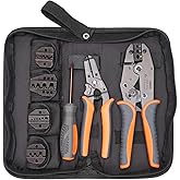 iCrimp Ratchet Wire Crimping Tool Set w/ 5 Interchangeable Jaws for Insulated and Non-Insulated Terminals AWG20-2, Wire Strip