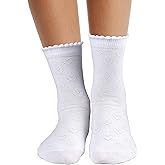 COTTON DAY Girls White Dressy Textured Short Socks Scallop Top Design 5 Pack